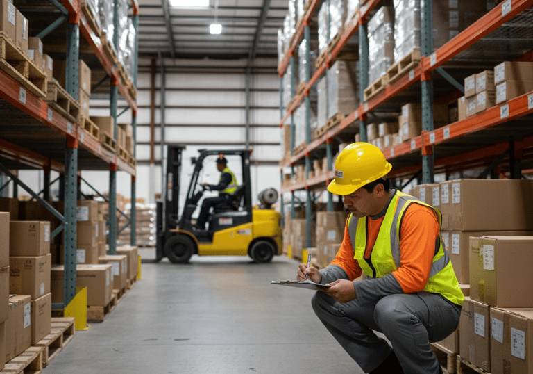 Exterminator in a safety vest taking inventory near a forklift and high pallet racks.