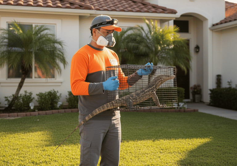 Professional wildlife control expert holding a trapped monitor lizard in a cage on a residential lawn.