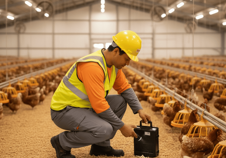A poultry farm worker in a yellow hard hat inspecting chickens with a handheld scanner in a large coop.