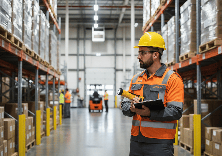 A logistics worker in safety gear performing inventory management in a warehouse aisle.