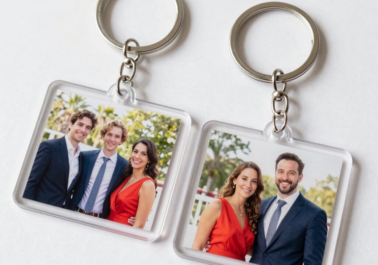 Hand holding a sleek keychain featuring a memorable photo from a glamorous event.