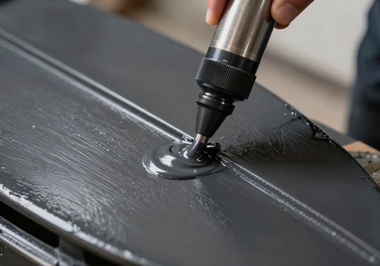 A close-up of a finished iron surface being treated with a rust-proof coating, with a smooth, semi-matte charcoal black finish reflecting soft industrial light.