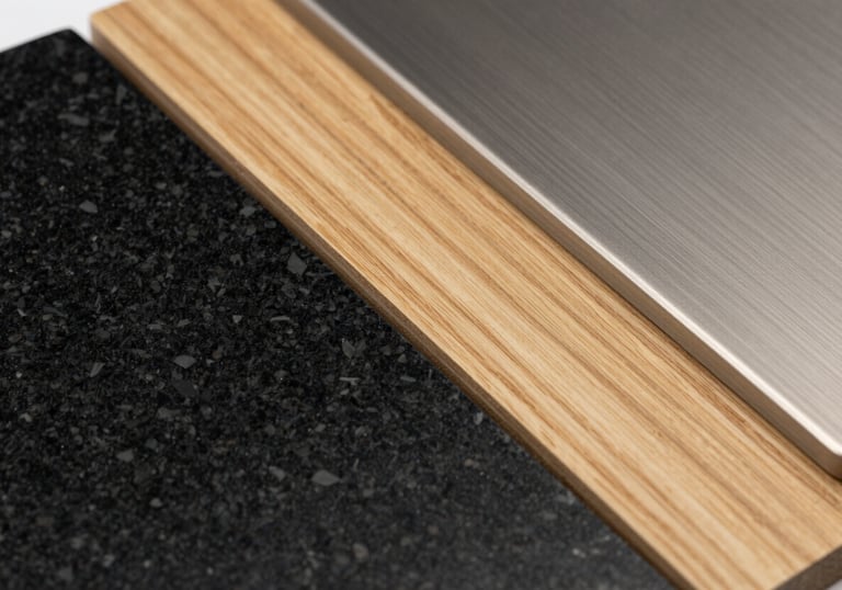 A macro photography shot of interior design samples: black granite, light oak wood, and brushed steel. Organized and clean, North American studio aesthetic.