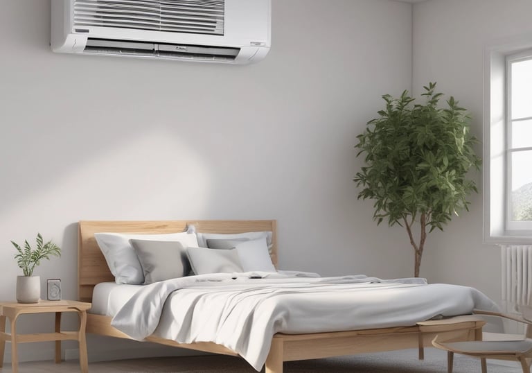 White wall-mounted air conditioner unit in a modern minimalist bedroom with a wooden bed frame.