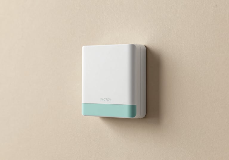 Minimalist view of a high-tech smart sensor device mounted on a parchment-colored wall, sleek and modern with #4C7C9D accents.