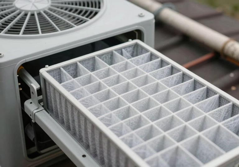 Close-up of clean air filters being replaced in a modern HVAC system within a North American / US residential attic. Professional and efficient atmosphere.