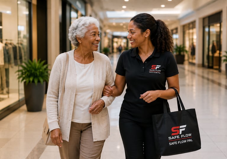 A smiling caregiver assists a senior woman walking through a shopping mall with a Safe Flow Pal shopping bag.