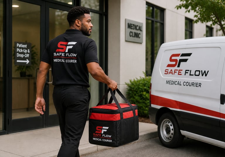 A Safe Flow medical courier carrying a thermal delivery bag from a white transport van into a medical clinic.
