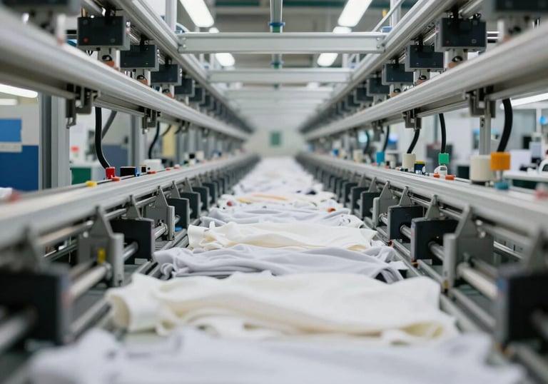 Photography of a clean, organized garment assembly line with automated rails overhead, showing a high level of industrial efficiency in a Brazilian factory.