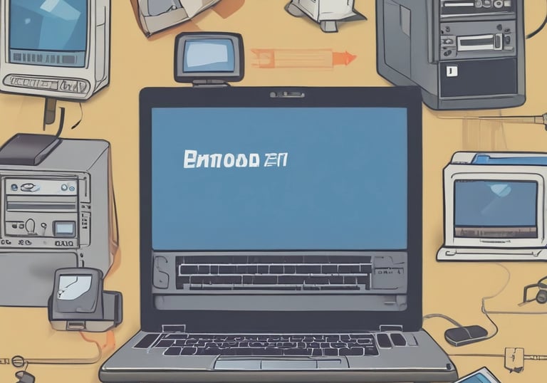 A variety of refurbished laptops and desktops arranged neatly on a shelf.