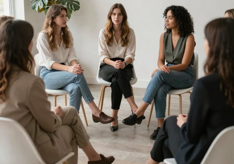 A smiling woman participating in a supportive peer group session.
