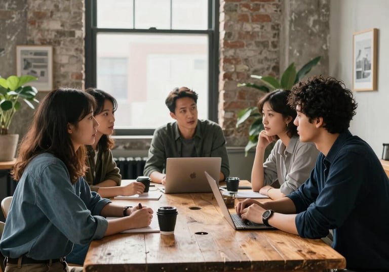 A group of creative professionals brainstorming around a rustic wooden table in a sunlit North American loft office.