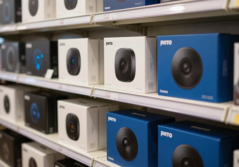 A modern retail shelf display in a North American / US tech store, featuring sleek computer peripherals in original off-white and royal blue packaging.