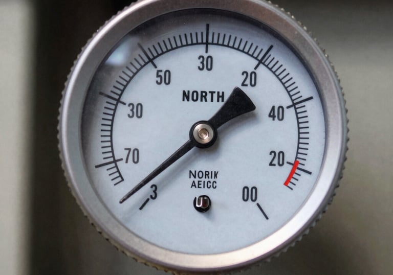 A close-up of a digital HVAC pressure gauge set showing precise technical readings during a system performance test, North American / US.