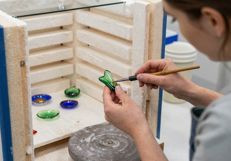 Artist carefully placing glass pieces on a kiln shelf ready for fusing.