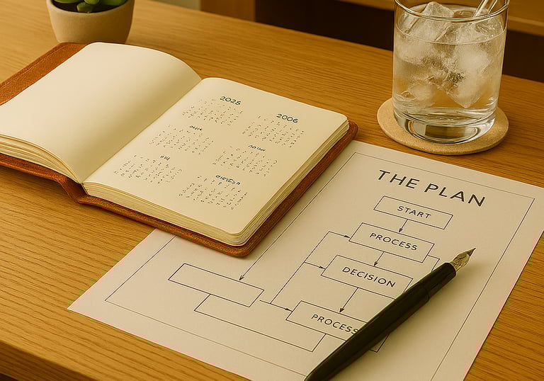 A high-quality, open cognac leather planner resting on a white oak desk.