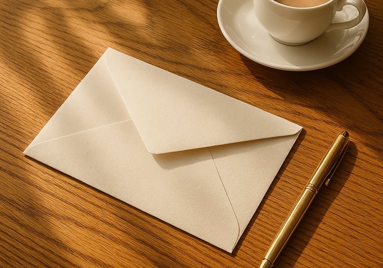 A single, closed, heavy-stock cream linen envelope resting centrally on a polished warm oak desk