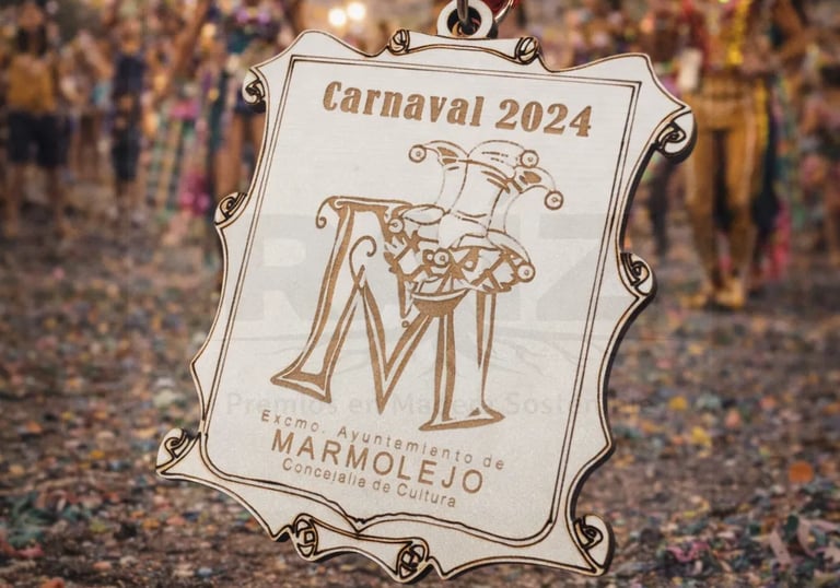 Custom wooden Carnaval 2024 medal from Marmolejo held over a festive street parade with confetti.