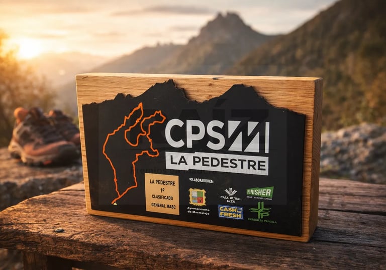 Wooden mountain race trophy for La Pedestre trial run with scenic sunset peak background.