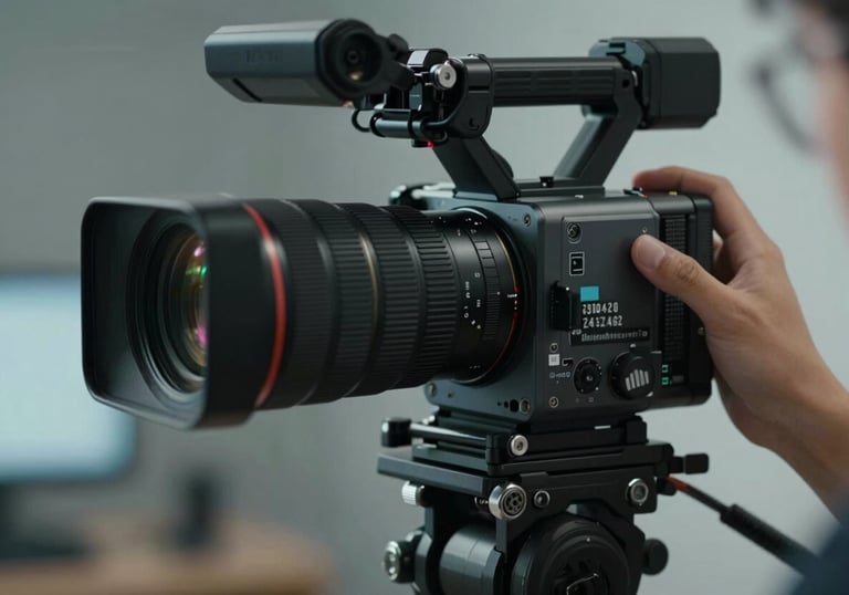 Close up of a technician's hand adjusting a professional broadcast camera lens in a studio, cinematic lighting with #0D1A2F and #7F94AB highlights.