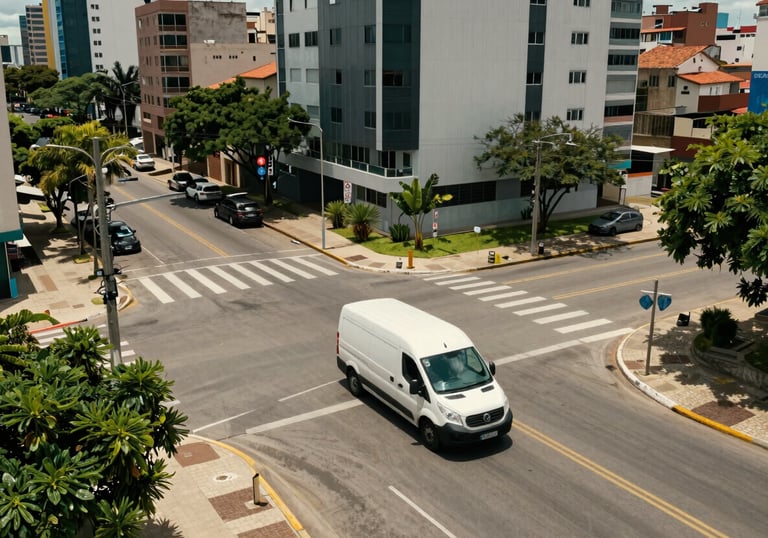 An overhead shot of a delivery van moving through a clean, organized urban intersection in a modern Brazilian neighborhood during the day.