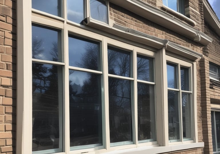 Modern white vinyl windows installed on a brown brick house exterior with glass reflecting trees.