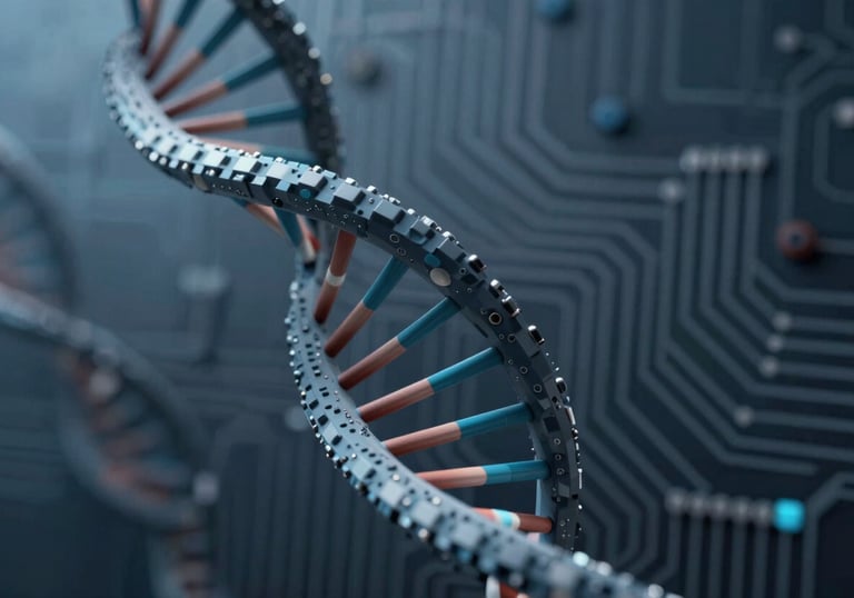 Abstract close-up of a DNA helix combined with a circuit board pattern, representing high-tech regulatory services, in deep blues and greys.