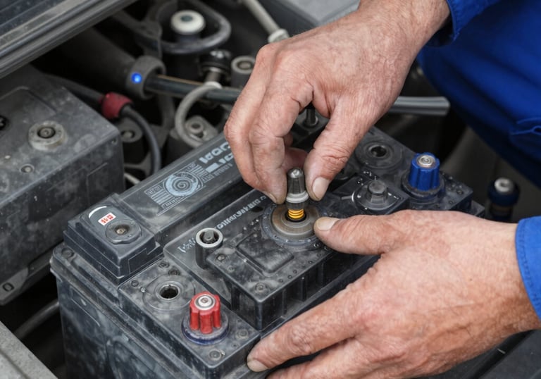 A mechanic carefully inspecting a car engine in a bright garage.