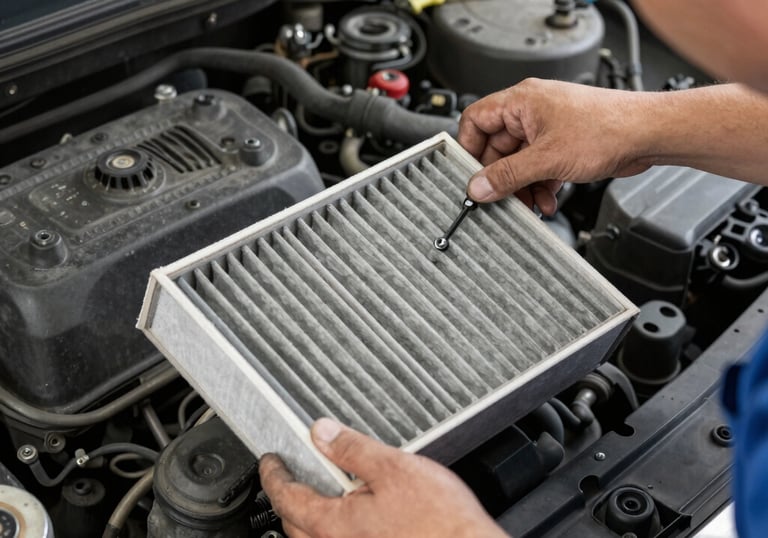 A mechanic carefully inspecting a car engine in a bright garage.