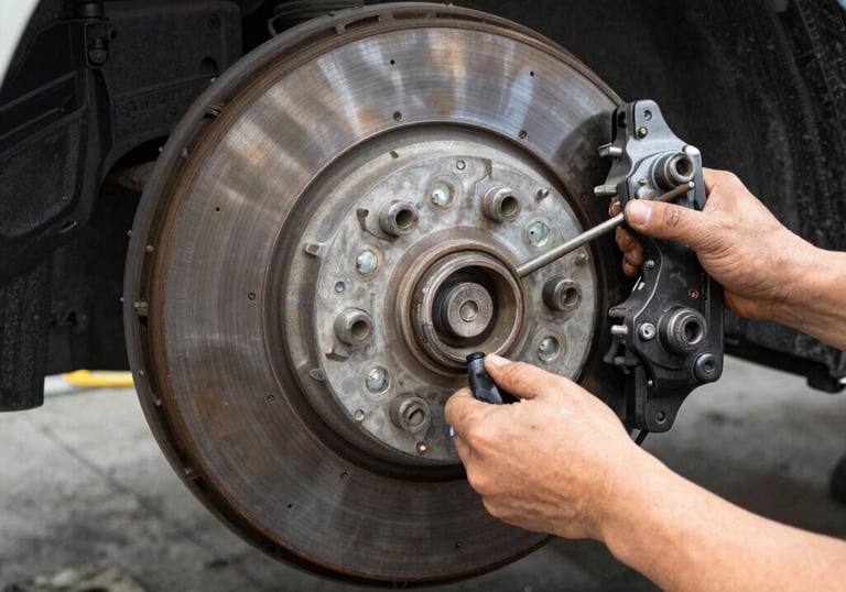Close-up of a technician balancing a car tire on a wheel balancer.