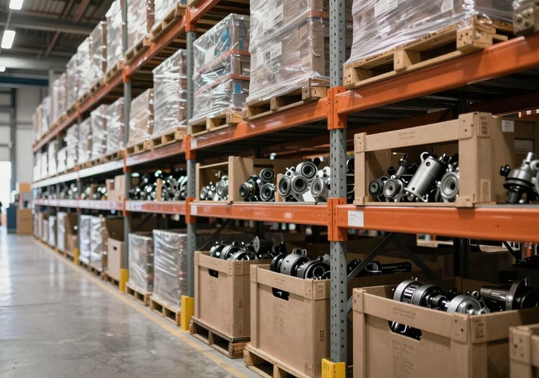 A well-organized modern warehouse aisle in a North American / US logistics center, packed with sturdy crates of spare parts, illuminated by clean, bright lighting.