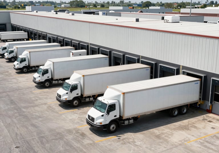 A clean and organized loading dock at a major North American logistics hub. Several white freight trailers are parked at high-tech bays under bright, professional midday sunlight.