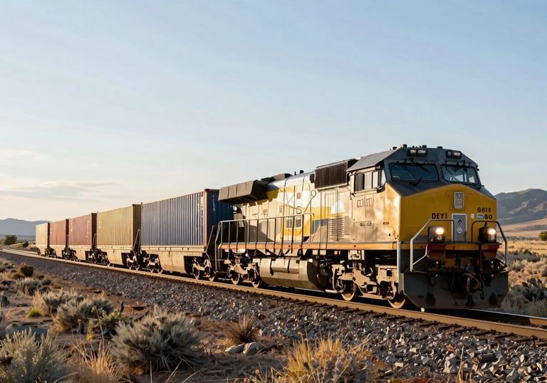 A powerful freight train carrying multiple shipping containers moving through a wide, scenic North American valley under a bright afternoon sun.