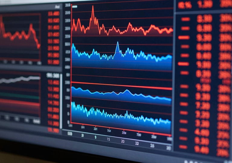 Macro photography of a high-resolution digital display showing scrolling performance charts in crimson and royal blue tones.