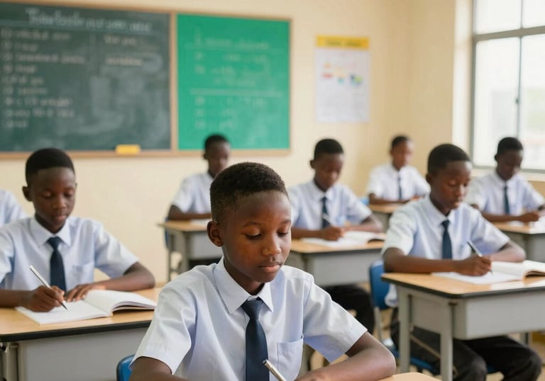 A peaceful outdoor scene showing children playing safely under the watchful eyes of teachers in the school compound.