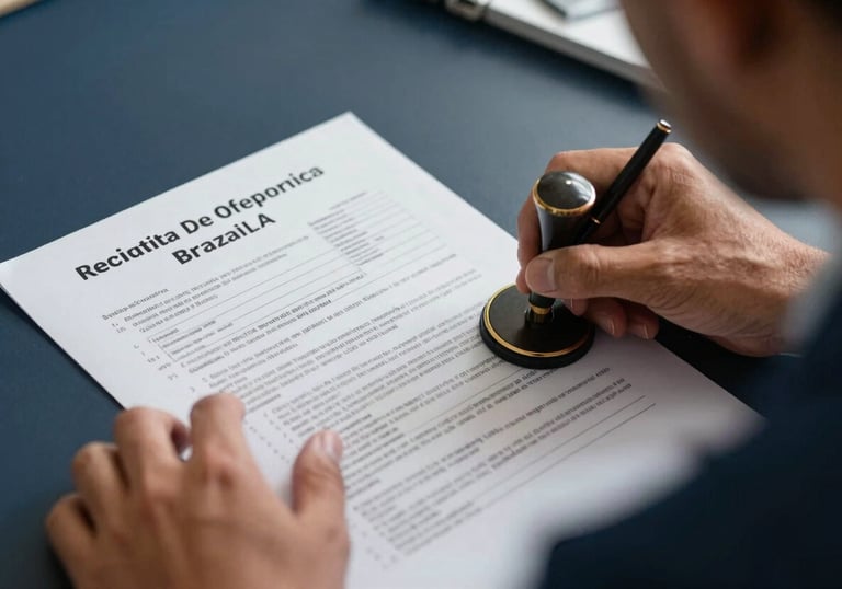 Close-up of South American / Brazilian legal professionals reviewing official social security documents and stamps. The lighting is focused and warm, showing attention to detail. Dark blue and light grey tones dominate the professional scene.