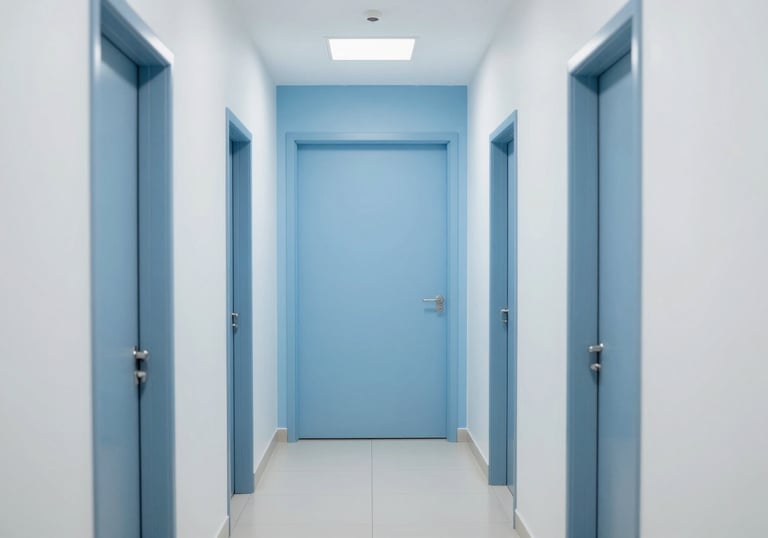 A modern and clean South American / Brazilian medical clinic hallway, showing a professional and calm environment related to health benefits. The composition is clean and minimalist, using a palette of light blue and white.