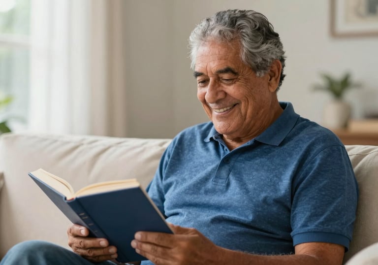 A happy South American / Brazilian senior man smiling while reading a book in a sunlit living room, representing a secure and peaceful retirement. The photography is soft and lifestyle-oriented, with tones of medium blue and off-white.