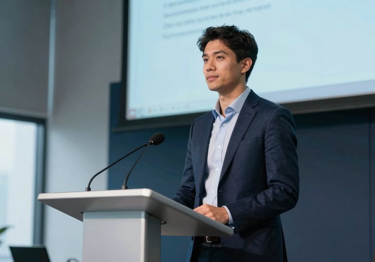 A young founder standing confidently at a podium in a modern, airy North American event space. The composition is focused and empowering, using light blue and dark navy tones to reflect a professional pitch environment.