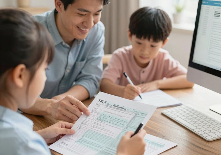 An image of a friendly tax professional assisting a smiling client with individual tax documents in a bright, modern office.