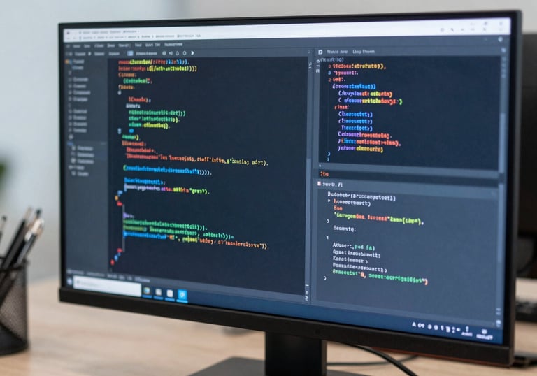 A close-up of high-speed code on a monitor in a clean, modern workspace, reflecting professional software development standards in a steel blue tone.