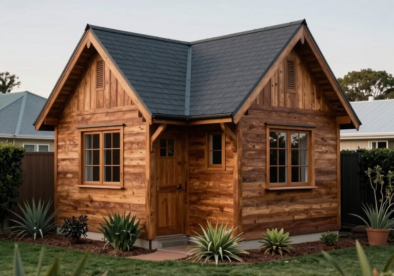 A high-resolution photo of a sturdy, treated timber Wendy house with a dark charcoal roof, nestled in a neat South African suburban garden with local greenery.