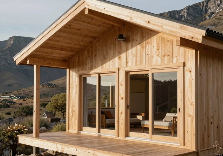 A professional architectural photograph of a luxury timber cabin with a wide veranda, featuring light sand beige wood finishes, set against a scenic South African mountain backdrop.