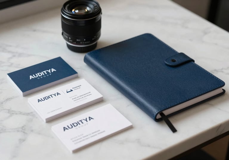 A set of professional brand identity materials, including business cards and a notebook with AUDITYA GROUP branding, placed on a white marble desk.