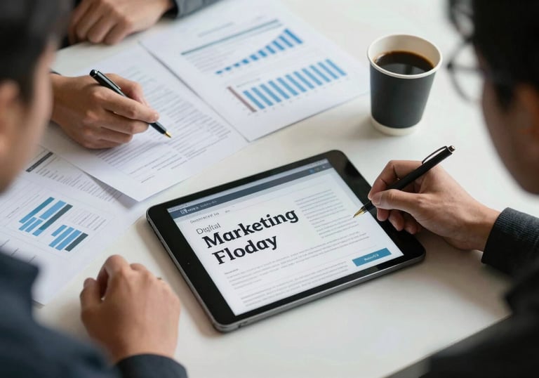 A top-down view of a strategy session with a tablet, documents, and coffee, representing professional digital marketing planning in Indonesia.