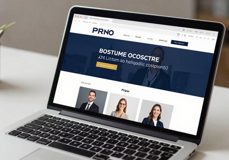 Close up of a premium laptop displaying a sleek, professional corporate website design with navy and gold elements, set in a clean workspace.