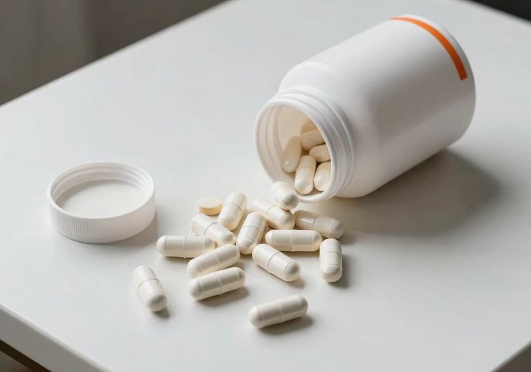 An overhead shot of healthy, performance-oriented food and natural supplements on a minimalist white table, Smoke White and Light Orange accents, professional health aesthetic.