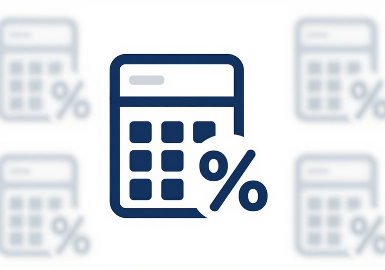 A clean, linear icon of a calculator and a percentage sign, representing fair pricing and transparency. Minimalist corporate style with blue and gray tones (#1E3A8A, #F3F4F6).