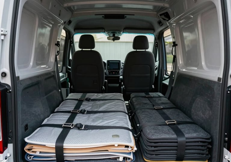 A detail shot of the interior of a professional moving van, showing organized loading straps, moving pads, and a very clean, well-maintained storage area.