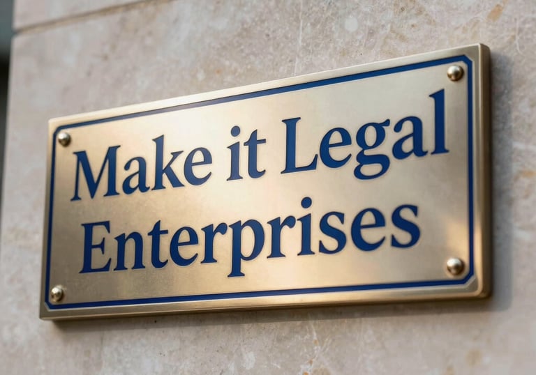 A close-up of a high-end metal nameplate on a marble wall that says 'Make it Legal Enterprises', reflecting a royal blue and gold luxury branding.